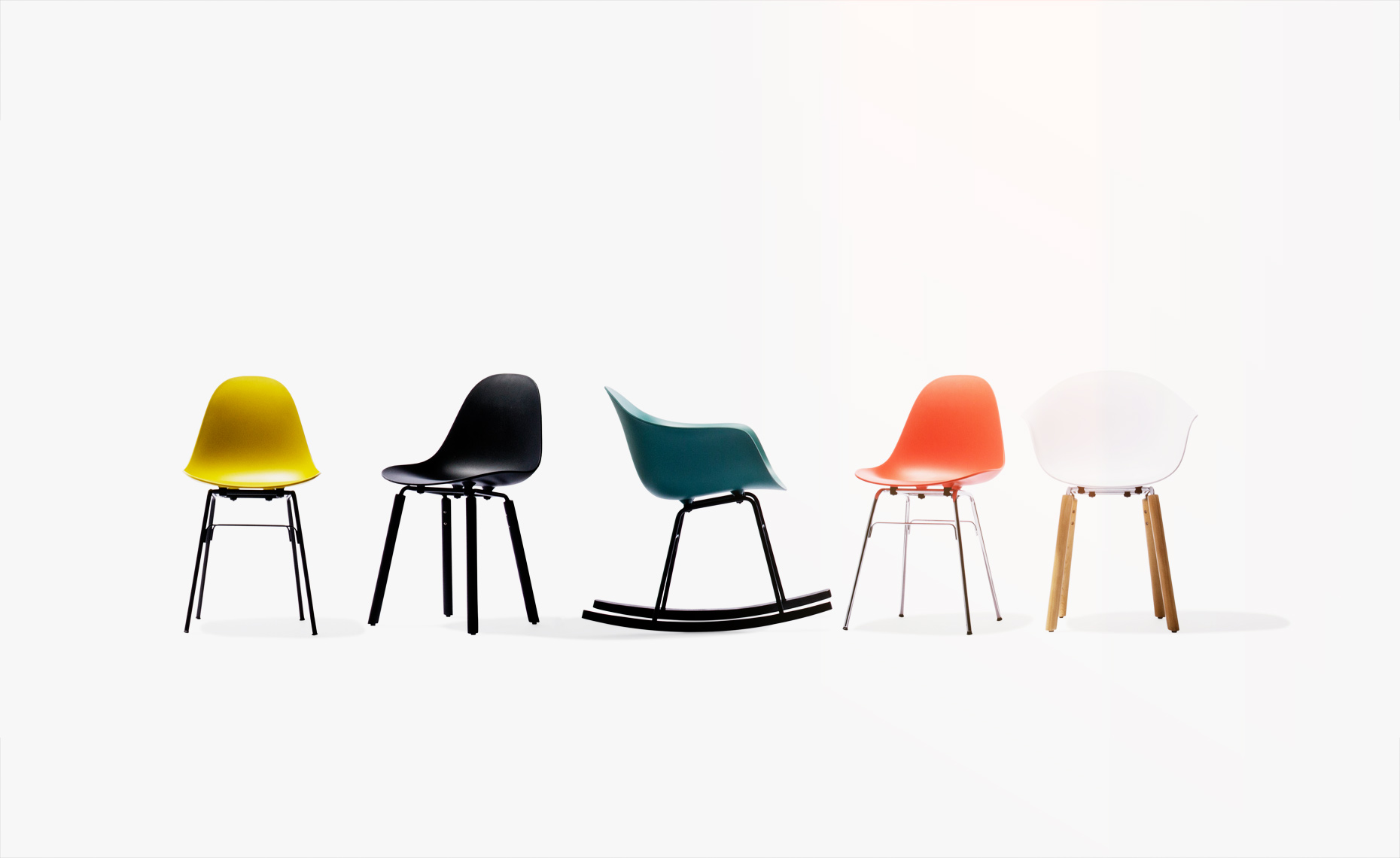 Five modern side chairs in playful group
