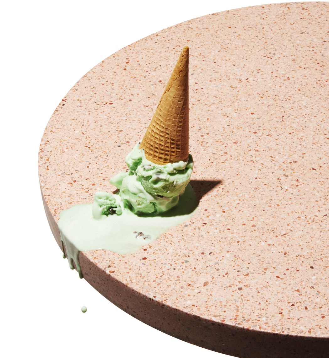 terrazzo table with melting mint ice cream cone